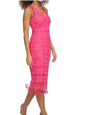 Siena Hot Pink Lace Midi Dress Sleeveless Bodycon Cocktail Party Wedding Guest